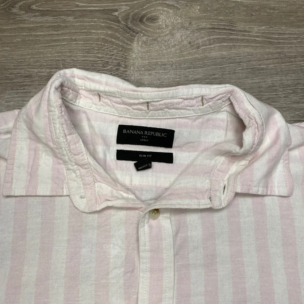 Banana Republic Linen Cotton Shirt Mens Large Slim Fit Pink Stripe Short Sleeve